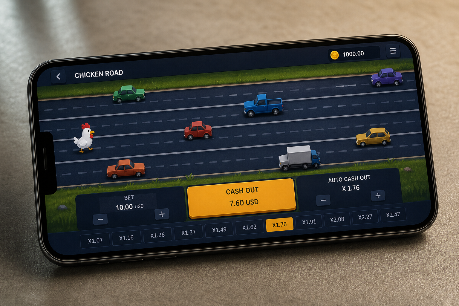 Chicken Road Ekran Görüntüsü - Yolda Tavuk, x3,24 Çarpan ve Cash Out Butonu